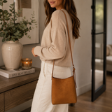 Alice Wheeler Fudge Tan Suede Mini Hobo Bag with branded plaque