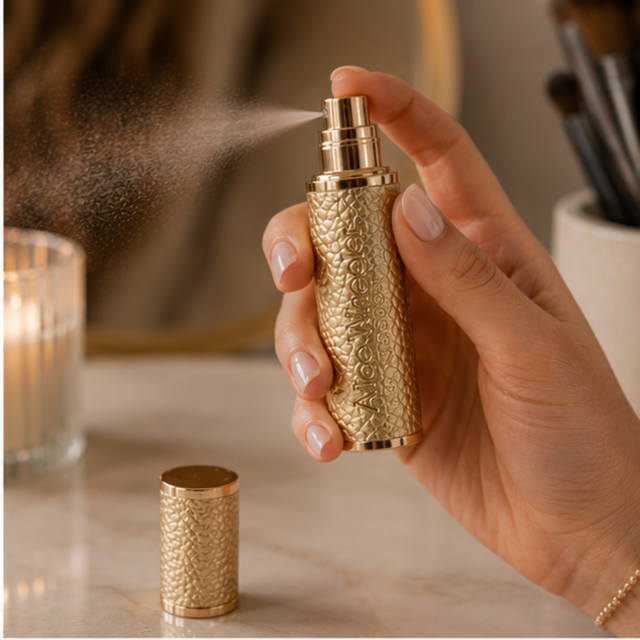 Alice Wheeler refillable perfume atomiser with textured metallic gold finish