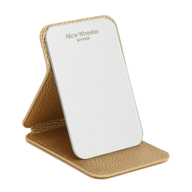 Alice Wheeler Gold travel makeup mirror open with freestanding stand
