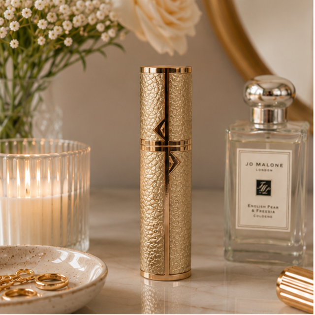 Alice Wheeler Gold travel perfume atomiser with textured metallic finish
