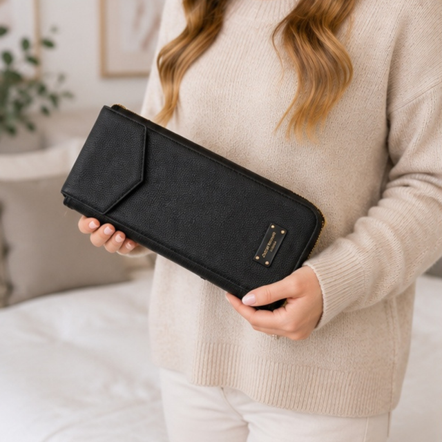 Alice Wheeler Black hair straightener travel case with styling tool stored inside