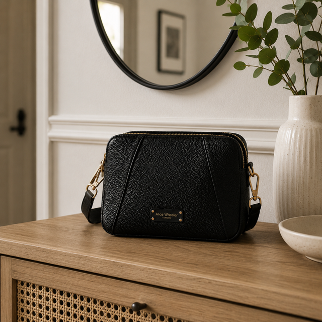 Alice Wheeler Kensington Black Crossbody Bag with gold-tone zips
