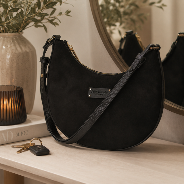Alice Wheeler Kensington Black Crossbody Bag with vegan suede finish