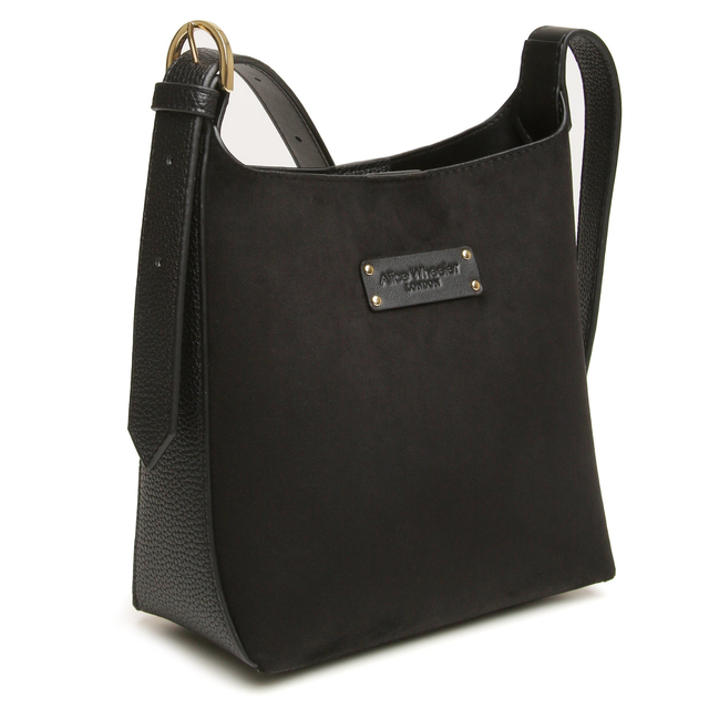 Alice Wheeler Kensington Black Suede Mini Hobo Bag with shoulder strap