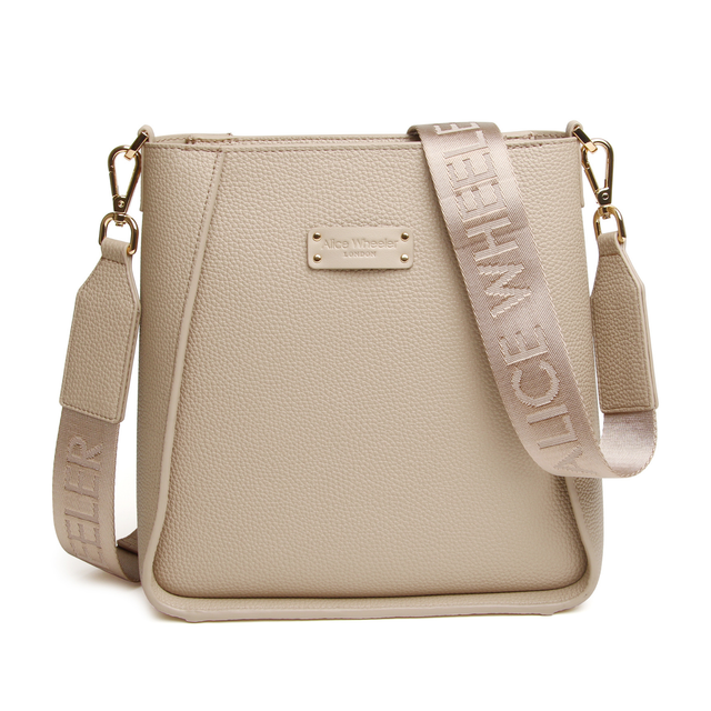 Alice Wheeler Kensington Crossbody Bag in Stone with adjustable branded strap and spacious lined interior
