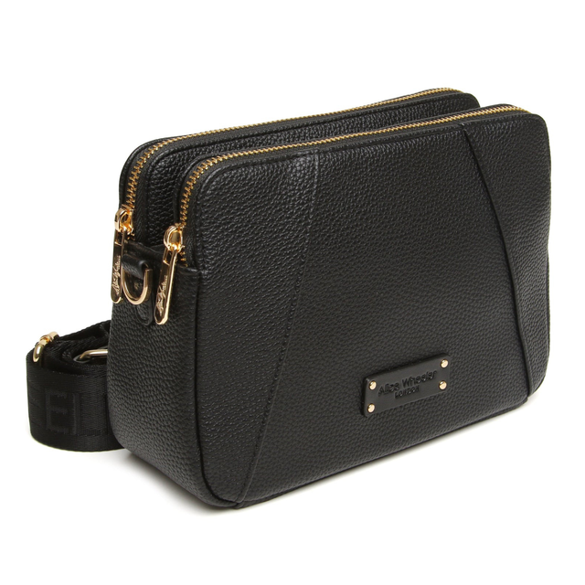 Alice Wheeler Kensington Black Double Zip Crossbody Bag with adjustable branded strap