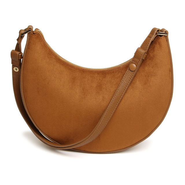 Close-up of Alice Wheeler Kensington Fudge bag showing soft suedette texture and gold-toned branding