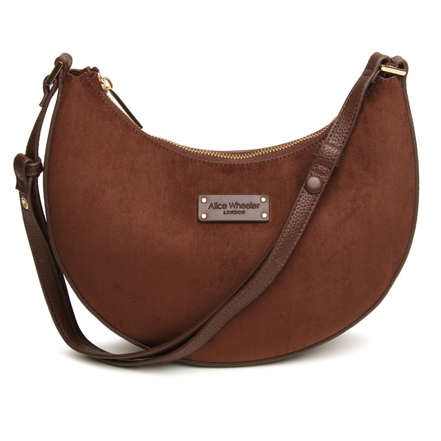 Alice Wheeler Kensington Suedette Crossbody Bag in Chocolate with adjustable strap and gold-toned hardware