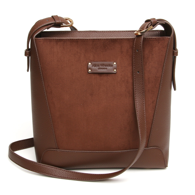 Alice Wheeler Kensington Suedette Crossbody Bag in Chocolate with adjustable strap and gold-toned hardware