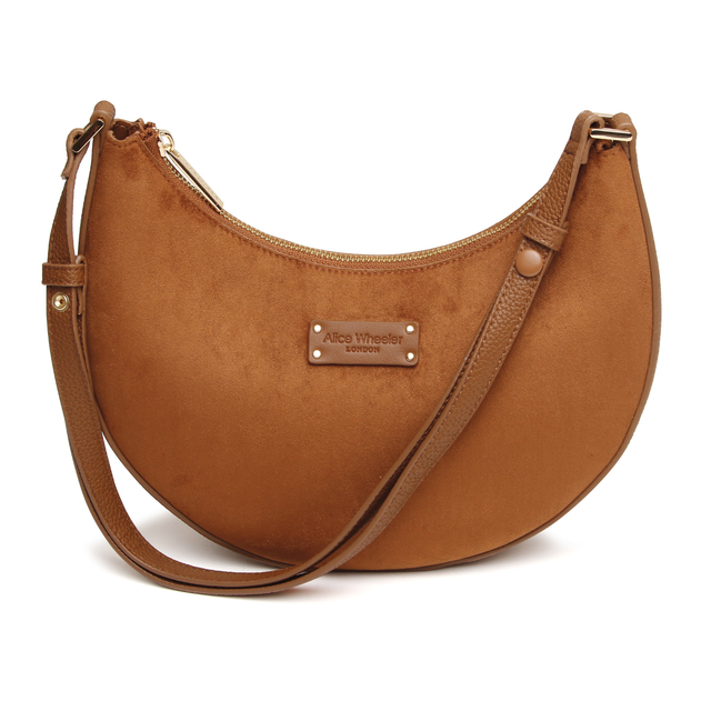 Alice Wheeler Kensington Suedette Crossbody Bag in Fudge with adjustable strap and gold-toned hardware