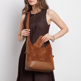 Alice Wheeler Fudge large suedette crossbody bag with vegan leather trim