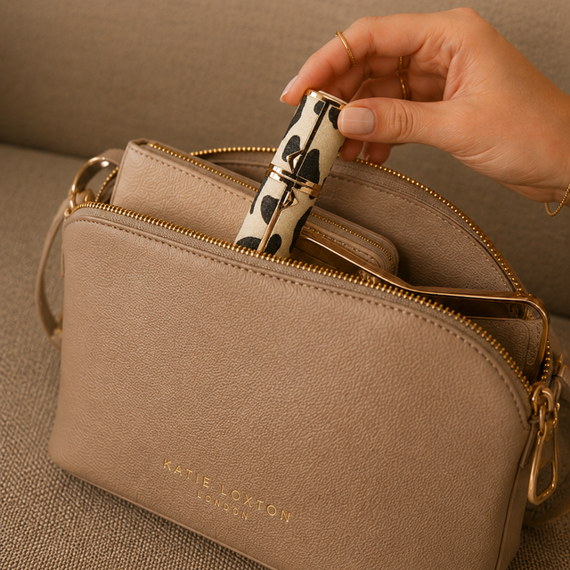 Alice Wheeler Leopard refillable perfume atomiser styled with handbag and beauty accessories