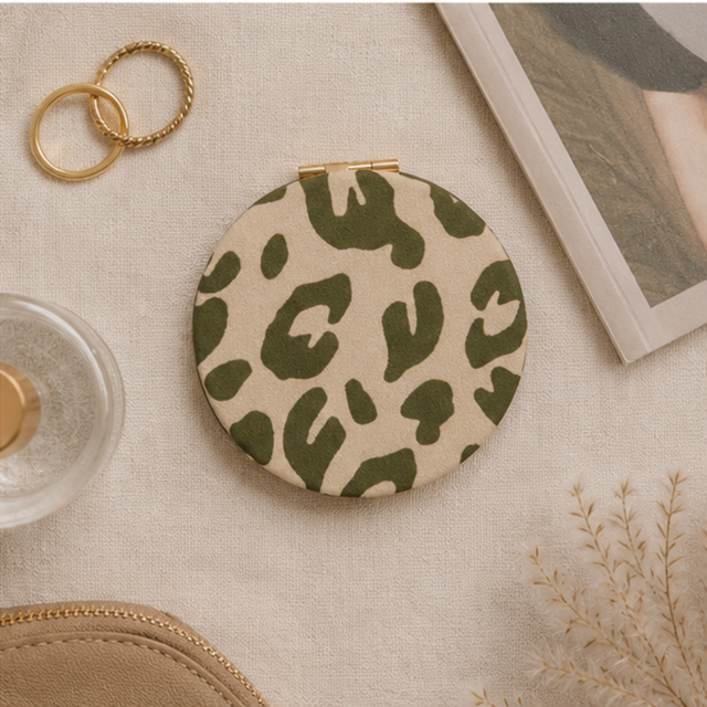 Alice Wheeler olive leopard print compact mirror for handbags and travel