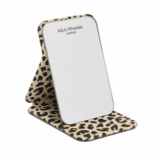 Alice Wheeler Leopard Print folding travel mirror in neutral and black
