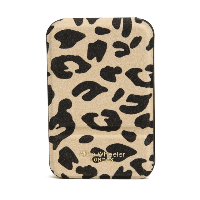 Alice Wheeler leopard print travel mirror with protective folding cover