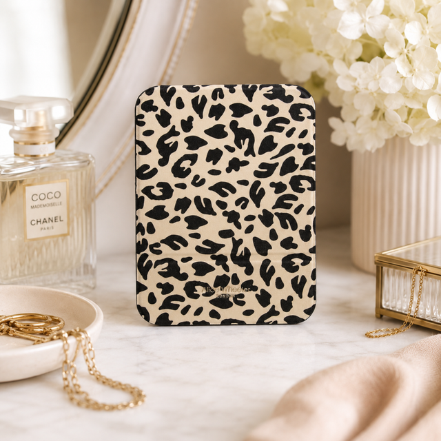 Alice Wheeler Leopard travel makeup mirror open with folding tabletop stand