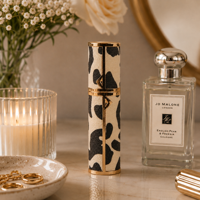 Alice Wheeler Leopard travel perfume atomiser open with perfume spray top
