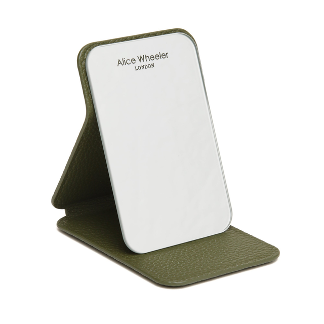 Alice Wheeler Mini Folding Mirror in Olive with freestanding tabletop stand