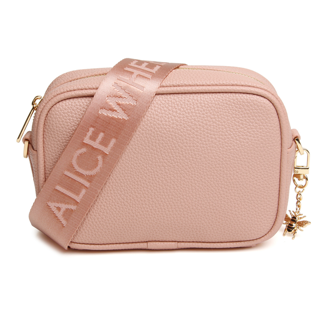 Alice Wheeler Mini Soho Crossbody Bag in Pink with branded adjustable strap and gold bee charm