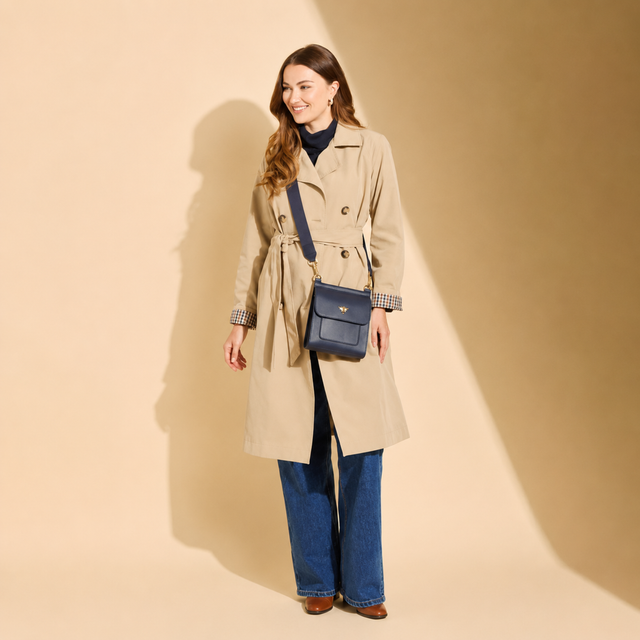 Alice Wheeler Bloomsbury Navy Crossbody Bag with wide adjustable strap