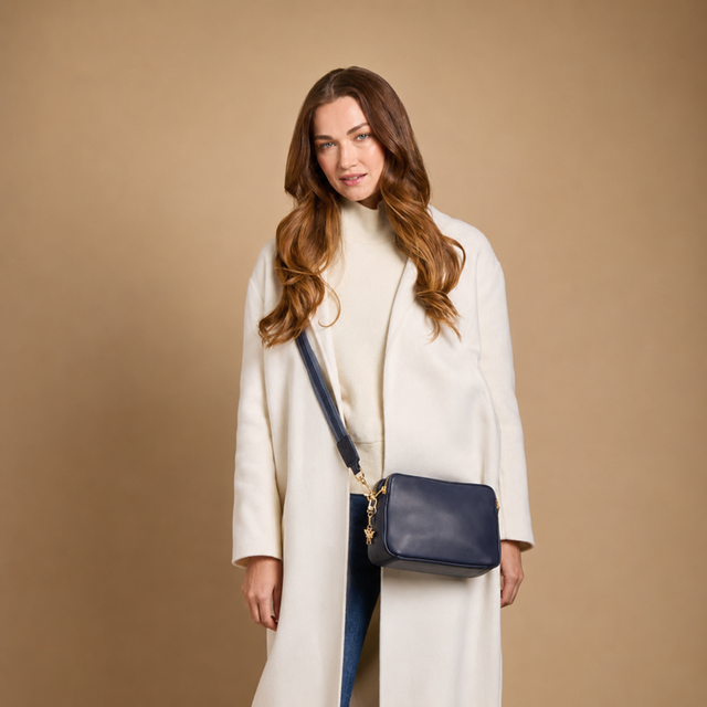 Alice Wheeler Navy Double Zip Crossbody Bag styled for everyday wear