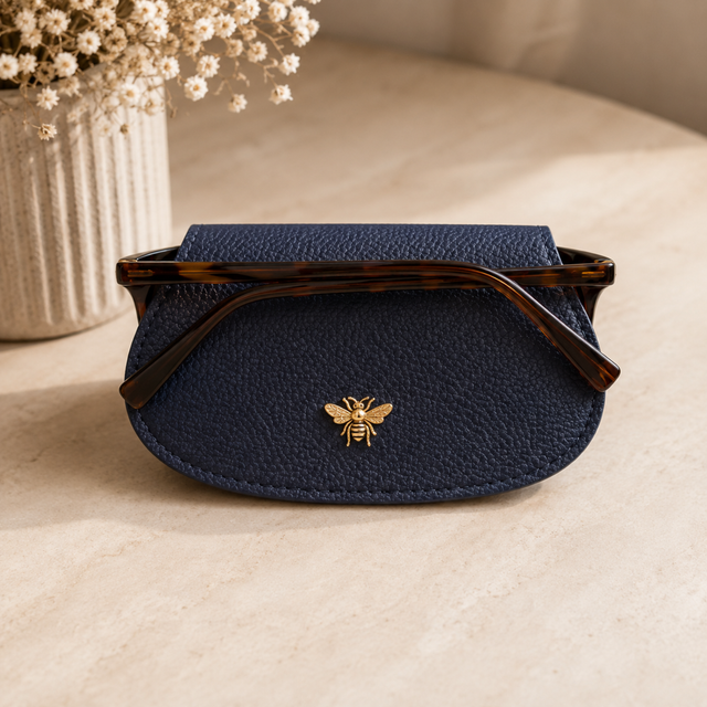 Alice Wheeler Navy Glasses Case styled with handbag accessories