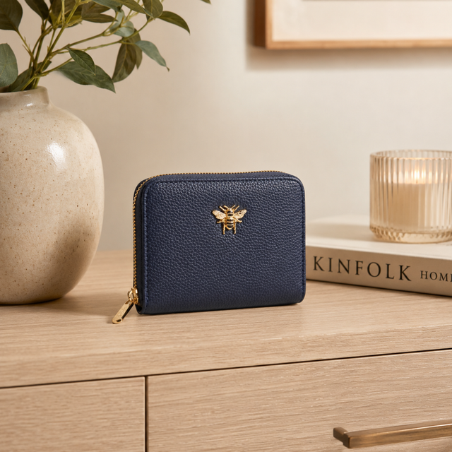 Alice Wheeler Navy Purse with textured finish and gold-tone bee emblem