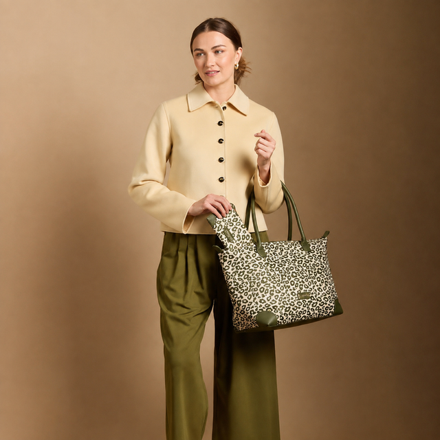 Alice Wheeler Olive Leopard Large Tote Bag with green shoulder handles