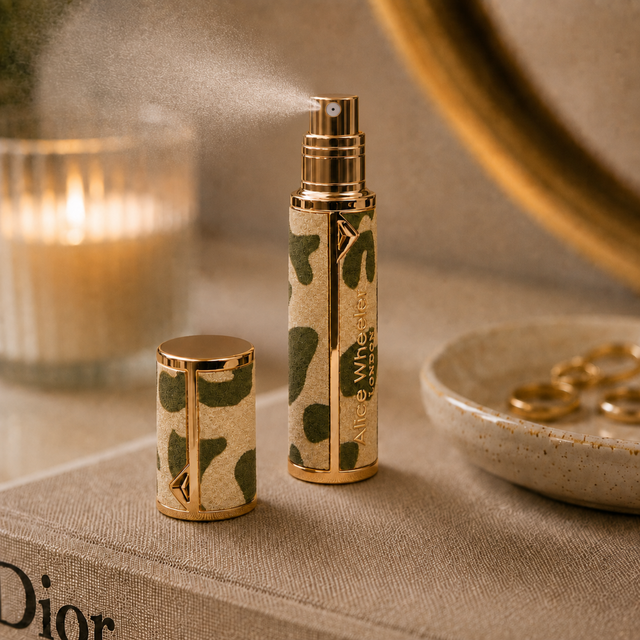 Alice Wheeler perfume atomiser with olive green leopard print and gold-tone finish