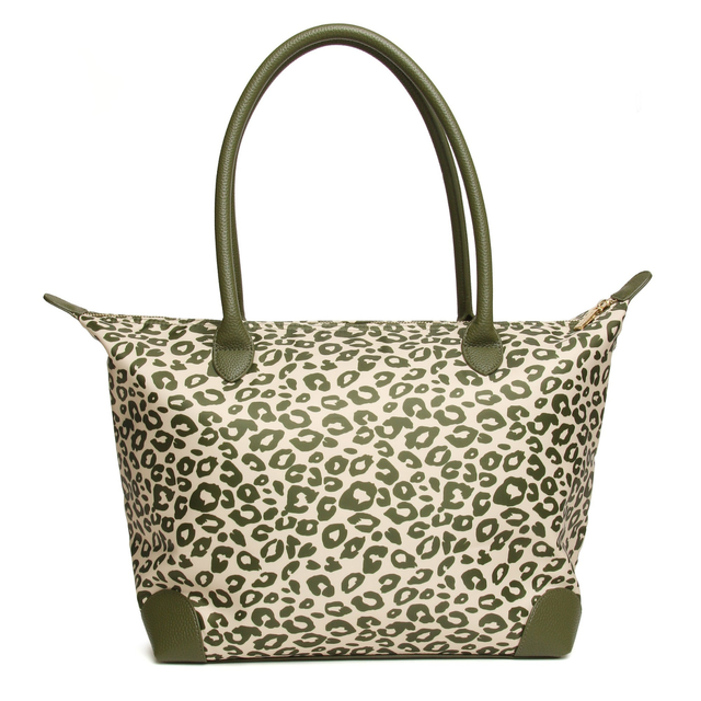 Alice Wheeler Shoreditch Tote Bag showing olive green leopard print and coordinating trim