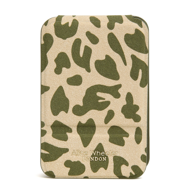 Alice Wheeler olive leopard print travel mirror with protective folding cover