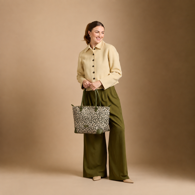 Alice Wheeler Olive Leopard Print Tote Bag styled for everyday use
