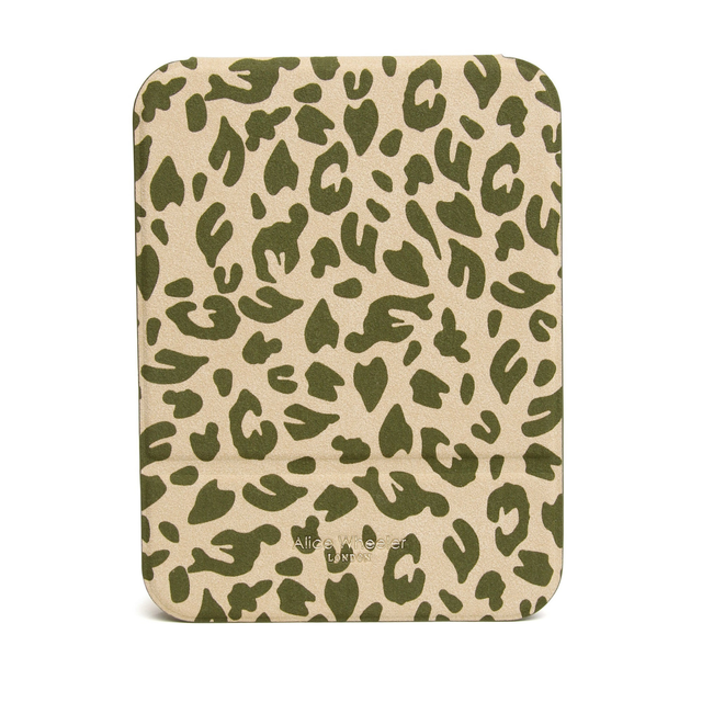 Alice Wheeler Olive Leopard travel mirror with patterned vegan leather protective case