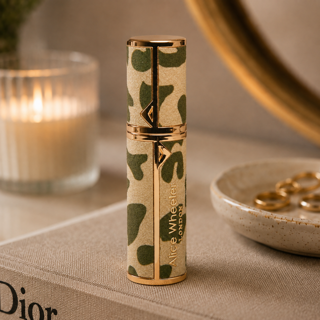 Alice Wheeler Olive Leopard travel perfume atomiser open with spray top