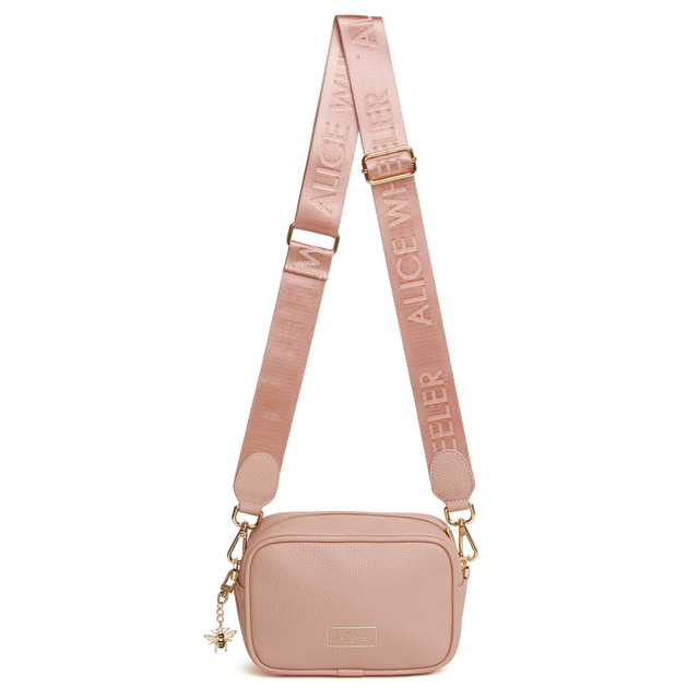 Alice Wheeler Pink compact crossbody bag with adjustable branded shoulder strap for everyday wear