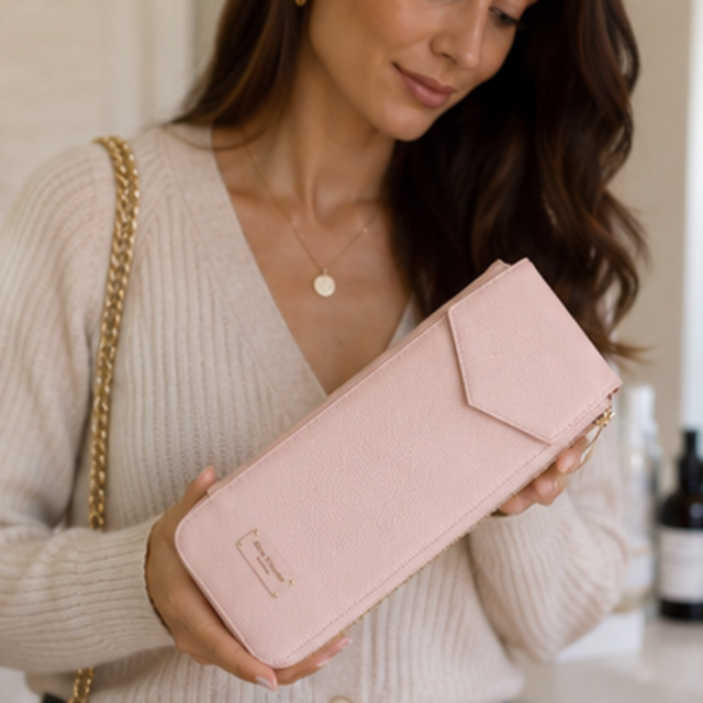 Alice Wheeler Pink hair styling pouch with straighteners and beauty essentials