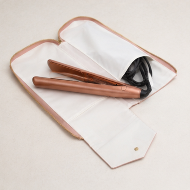Alice Wheeler Pink straightener travel case open with hair styling tool and cable