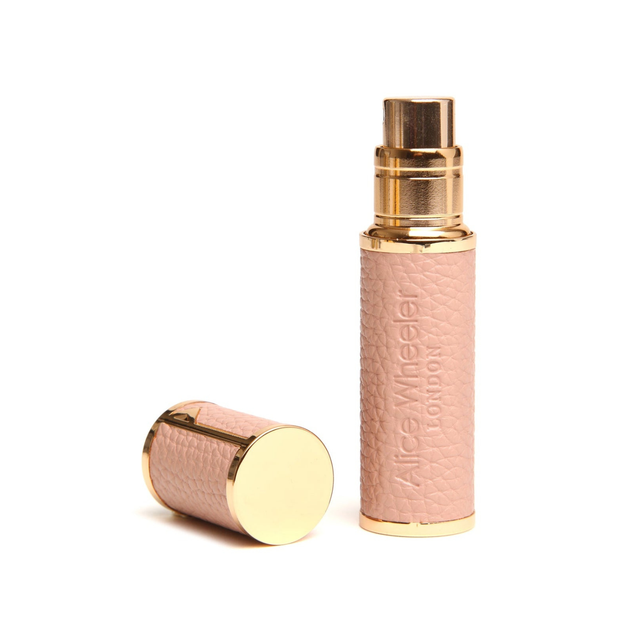 Alice Wheeler Pink travel perfume atomiser with textured finish and gold-tone detailing
