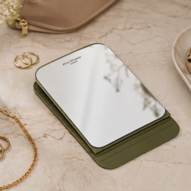 Alice Wheeler portable folding makeup mirror with vegan leather stand