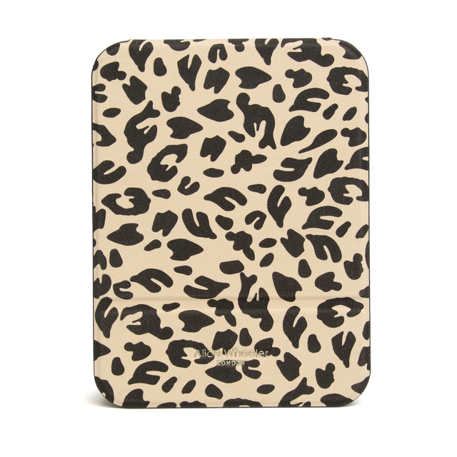 Alice Wheeler portable leopard print makeup mirror with folding stand