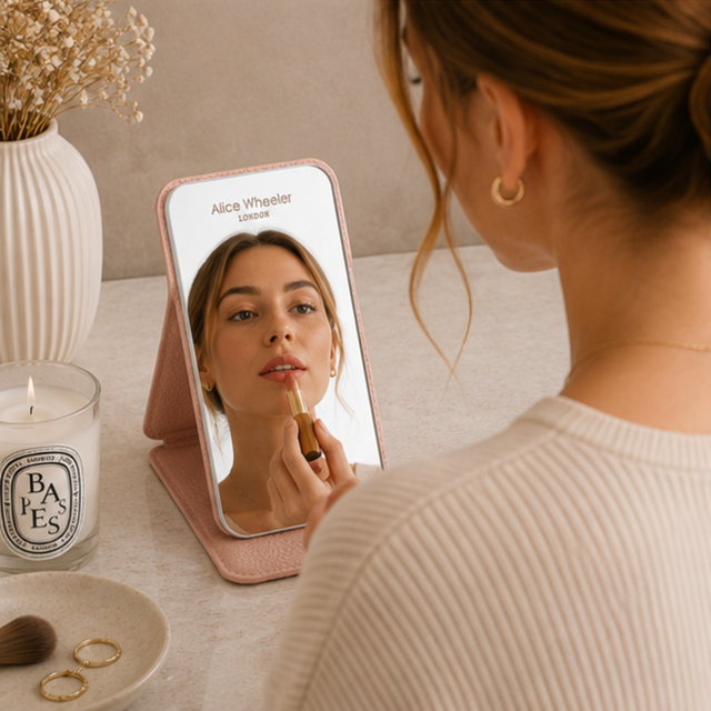 Alice Wheeler portable pink travel makeup mirror for everyday beauty touch-ups