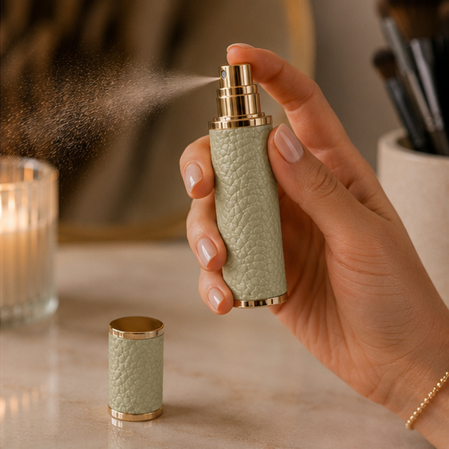Alice Wheeler refillable perfume spray in textured pistachio green and gold