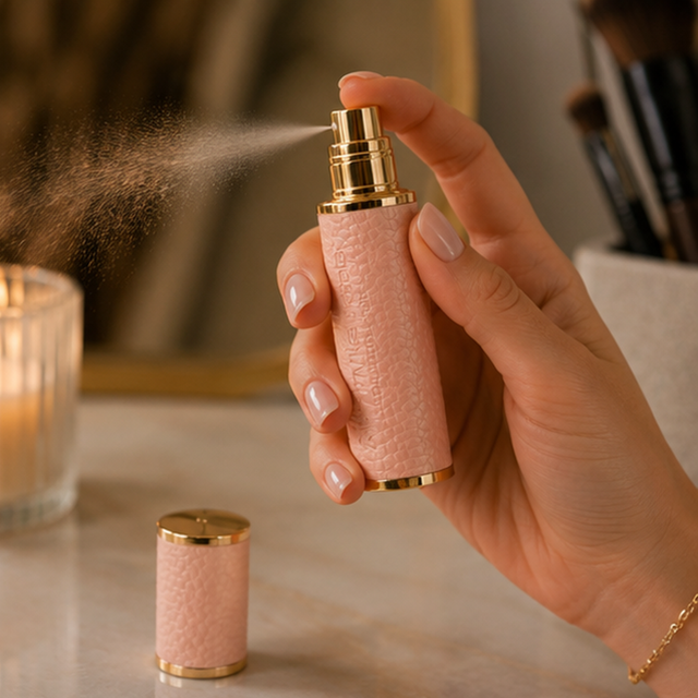 Alice Wheeler refillable travel perfume spray in textured pink and gold