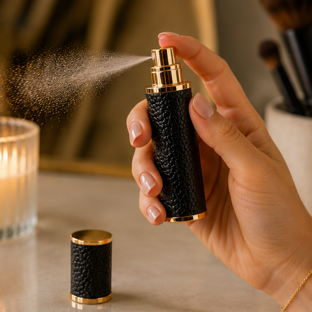 Alice Wheeler refillable travel perfume spray in Black and gold