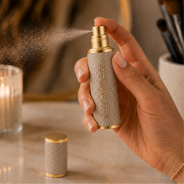 Alice Wheeler refillable travel perfume spray in textured Stone and gold