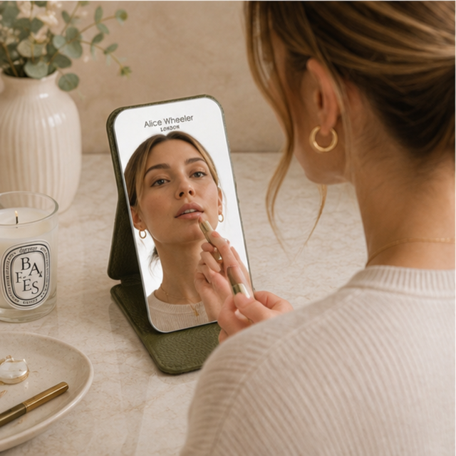 Alice Wheeler small Olive travel makeup mirror for everyday beauty touch-ups