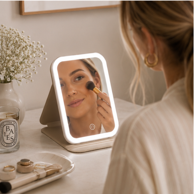 Alice Wheeler Stone beauty mirror with LED light for makeup and skincare