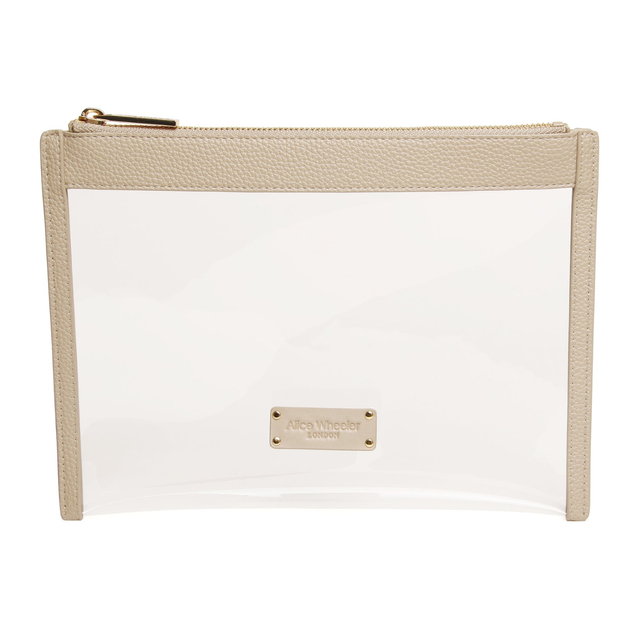 Alice Wheeler Stone clear travel pouch with transparent front and gold-tone zip