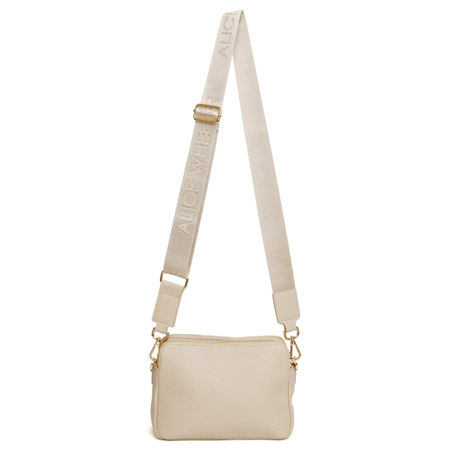 Alice Wheeler Stone Crossbody Bag with adjustable branded shoulder strap