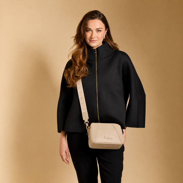Alice Wheeler Stone Double Zip Crossbody Bag with gold-tone hardware
